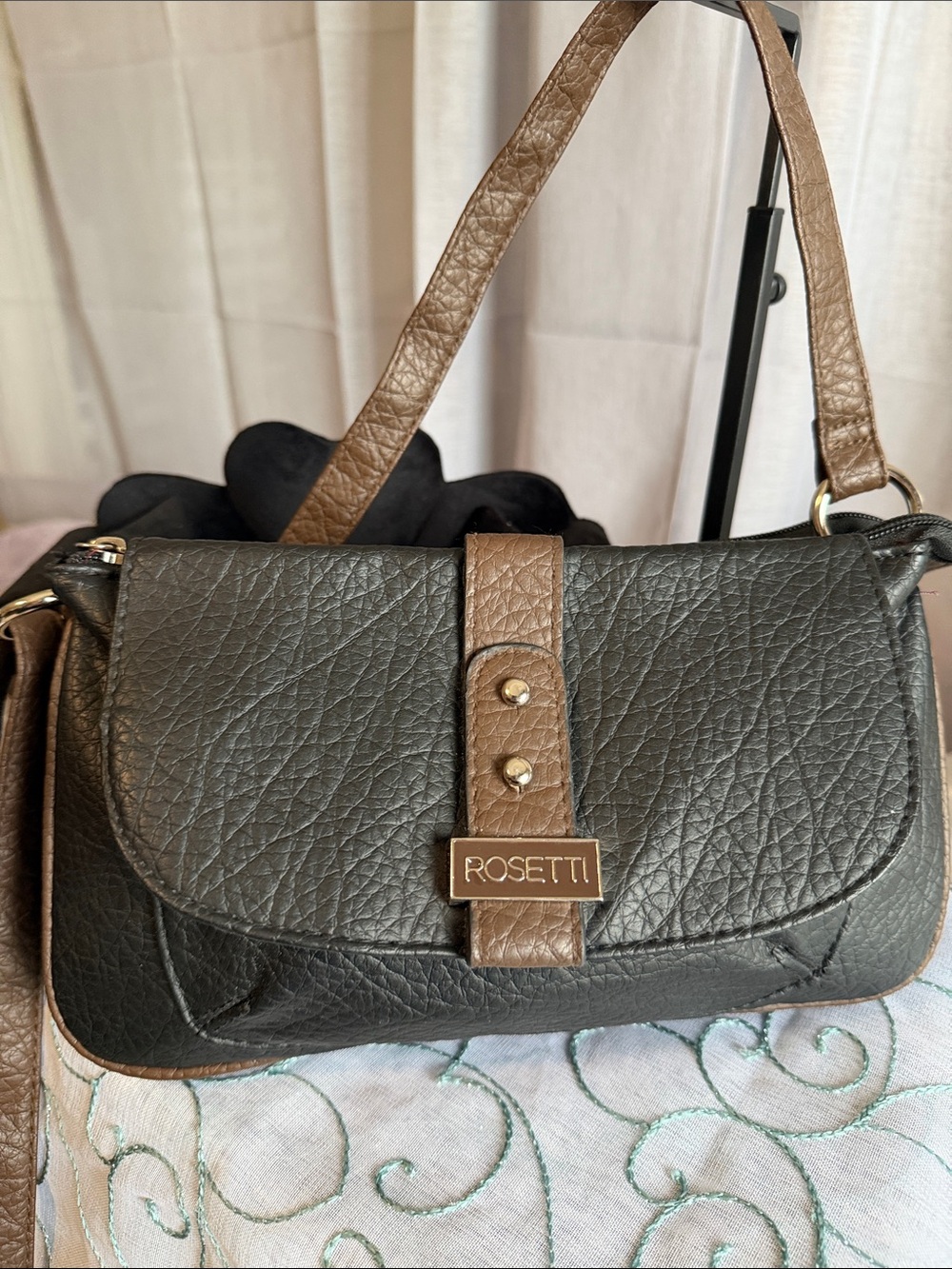 Rosetti Black Crossbody with Brown Strap and Accents